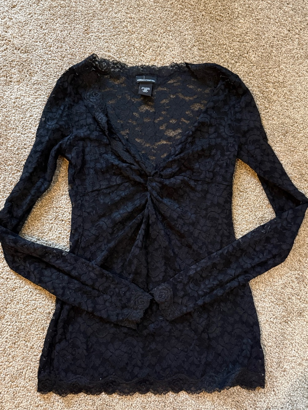 Moda International Black Lace Twist-Front Long Sleeve Top